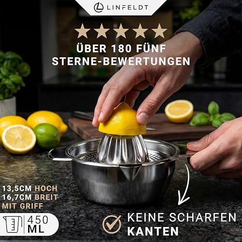 LINFELDT 450ML Zitronenpresse Edelstahl - Orangen & Limetten - Rostfrei & Spülmaschinenfest - fängt Kerne & Fruchtfleisch auf - 16,7B x 13,5H cm 6