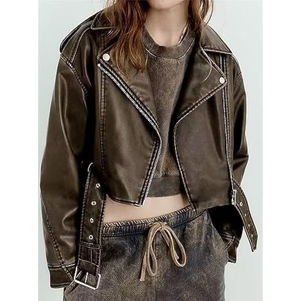 Adhdyuud Vrouwen Riem Faux Lederen Jas Jas Vintage Lange Mouw Voorkant Rits Zakken Bovenkleding Chic Tops