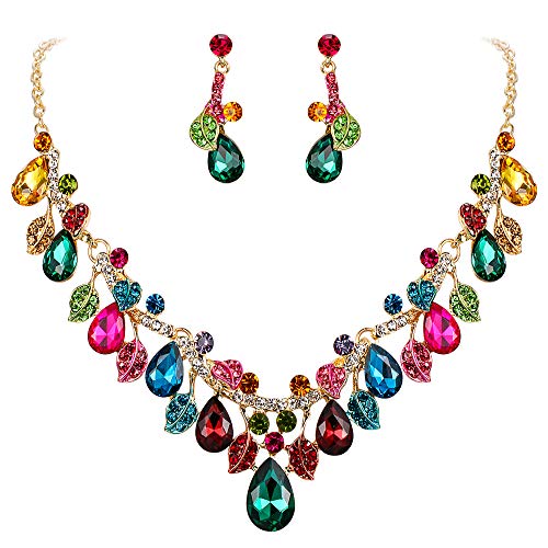 BriLove Wedding Bridal Necklace Earrings Jewelry Set for Women Crystal Enamel Teardrop Cluster Leaf Vine Statement Necklace Dangle Earrings Set Multicolor Colorful Gold-Toned