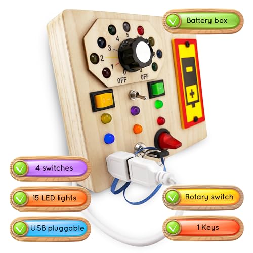 Image of Wooden Montessori Musical Busy Board for Toddlers for 3-5 Year-Old with Mechanical Turner, Colorful Bulbs, Switches, Buttons - Enhance Sensory, Motor Skills (Updated)