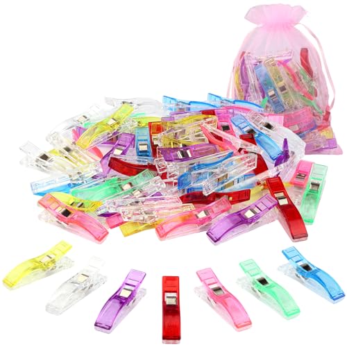 CampTek Large Sewing Clips Pack of 50 Jumbo Wonder Seeing Magic Clips with Bag for Fabric Needlepoint Crafts Paper Work Binding Quilting Supplies-Assorted Colors