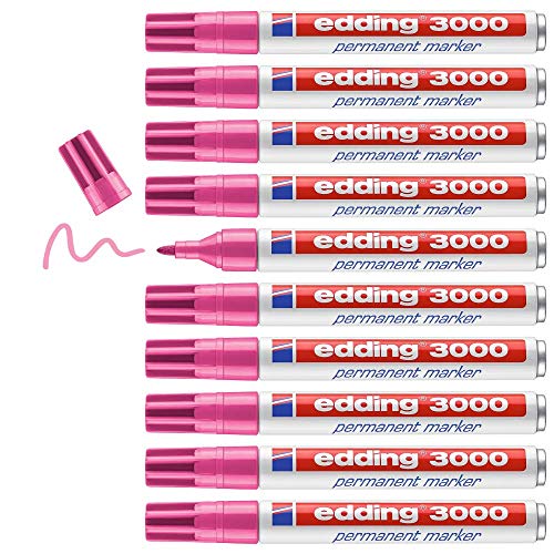 edding 3000 marcador permanente - rosa - 10 rotuladores - punta redonda 1,5-3 mm - indeleble de secado rápido - resistente al agua y a los borrones - cartón, plástico, madera, metal, tela - universal