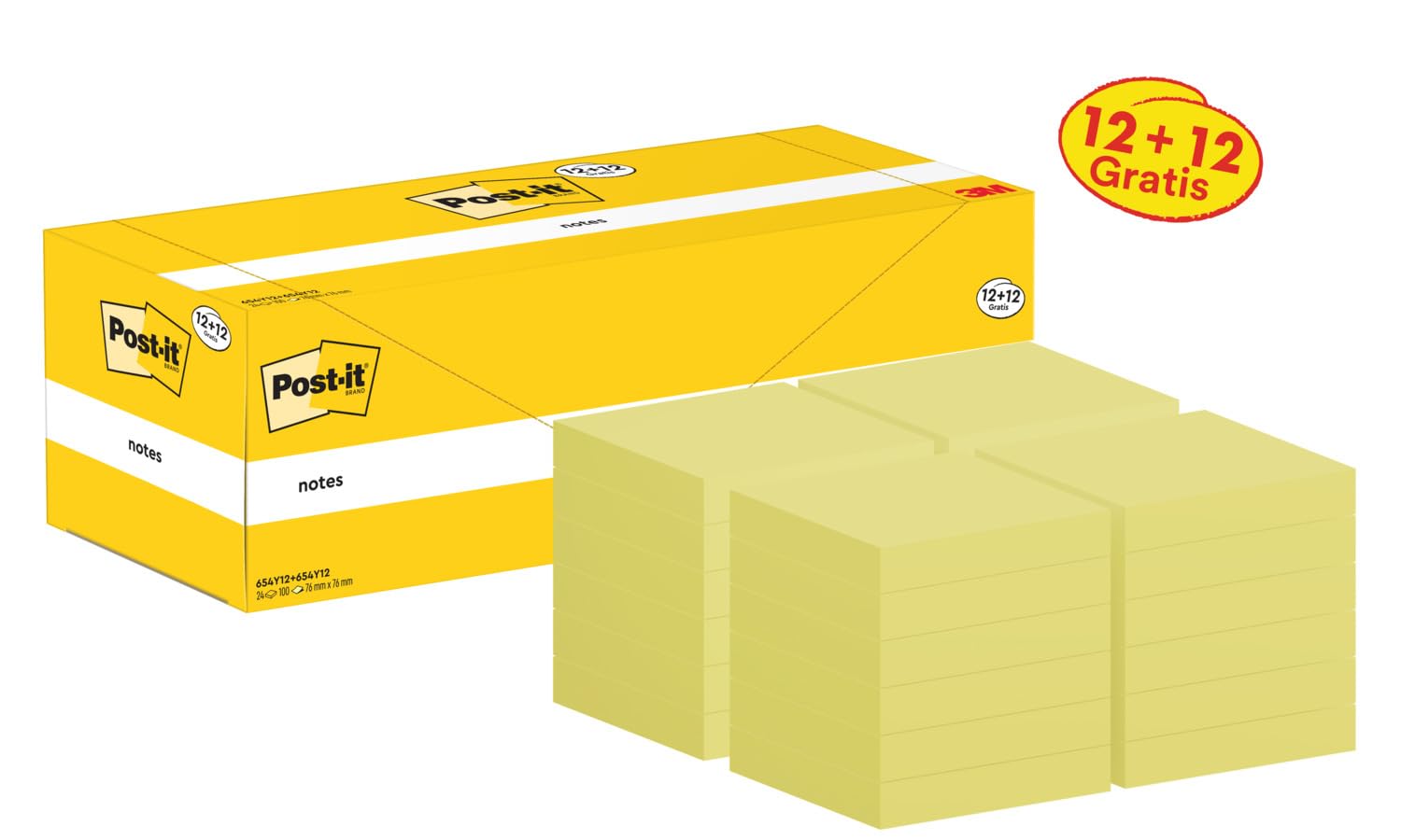 Post-it Canary Yellow Foglietti Adesivi 76 mm x 76 mm, Confezione da 24 blocchetti, 100 Fogli per blocco