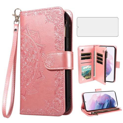 Coque Samsung S21 Plus avec porte-carte fleur et verre trempé