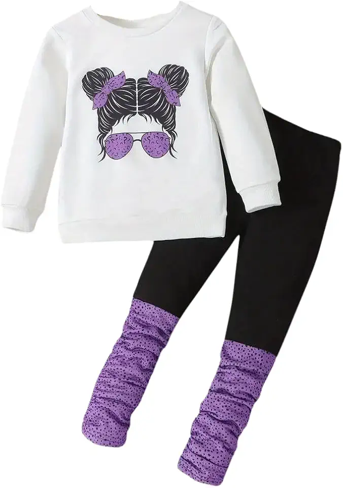 OLMRJKD Kids Toddler Girls Clothes Figure Graphic Drop Shoulder Top Pullover Spotted Print Pants Fall Winter Outfit Set