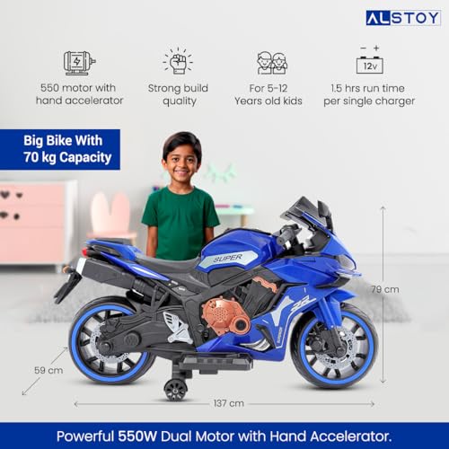 Image of Alstoy RR Kids Electric Ride-On Toy Bike | 12V Rechargeable Battery Operated for Kids | Bluetooth Music | 70kg Capacity | BIS /ISI Approved | Ages 5to12 Years | 6-Month Warranty | Large | Blue