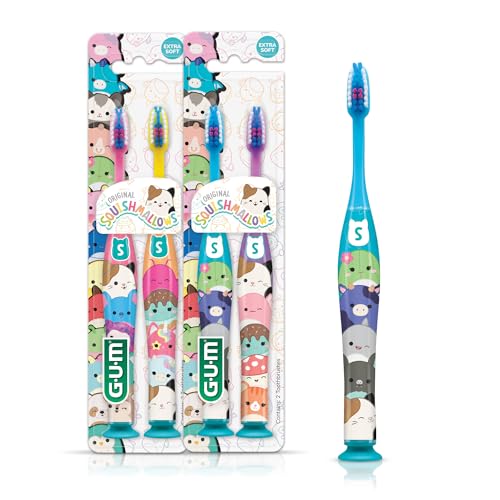 GUM Squishmallows Kids Toothbrush Extra Soft Bristles with Suction Cup Base Compact Head 2 Count (Pack of 2)