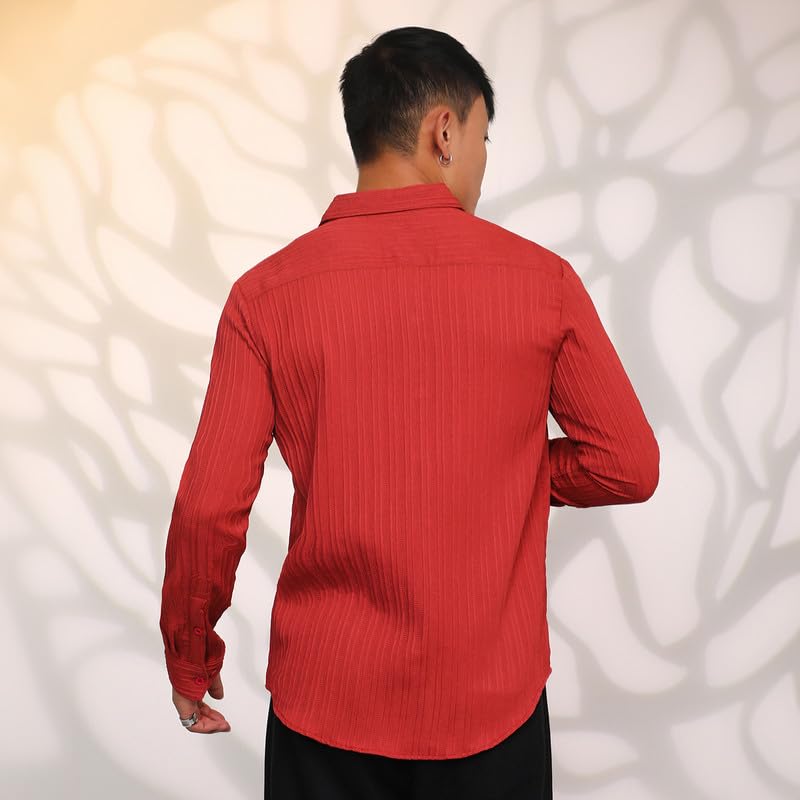 Image of CAHOOT Men's Veined-Textured Shirt | Casual Wear | Spread Collar | Long Sleeve | Button Closure | Shirt Crafted with Comfort Fit for Everyday Wear