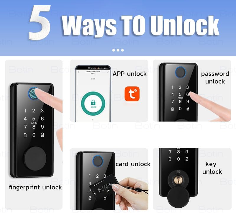 Miniatura 2 de Cerradura inteligente con huella dactilar, cerradura de puerta de entrada sin llave 5 en 1, cerradura de puerta inteligente con control de
