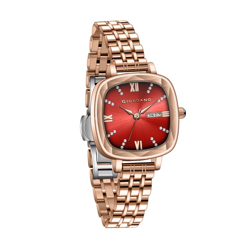 Image of Giordano Elegant Square Rose Gold Watch for Women - Crystal & Roman Hour Markers, Day-Date Display, Stainless Steel Strap