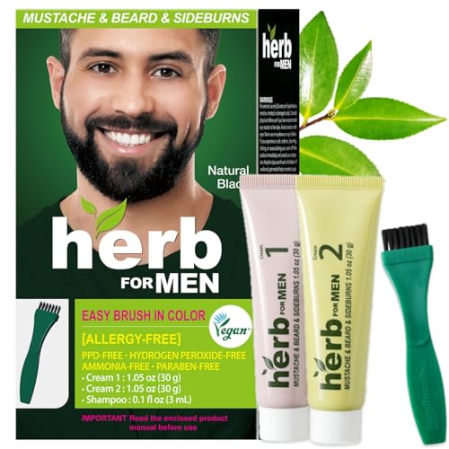 Herb For Men Mustache & Beard Dye (Nature Black, 1 Pack), PPD-Free Ammonia-Free, Vegan with Natural Ingredients, Odorless, Gentle for Sensitive Skin, No Skin Irritation