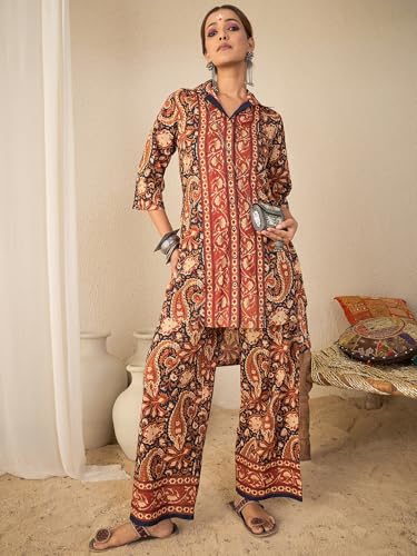 Image of WineRed Women Green Paisley Print Hi-Low Co-ord Set