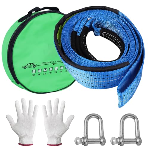 Image of STHIRA 16.4ft Tow Ropes Heavy Duty Towing Straps with 2 Shackles Locks & Storage Bag Polyester Webbing Rope with Reflective Strip, Max 8000KG Capacity Tow Strap for Sedans, SUVs, Pickup Trucks