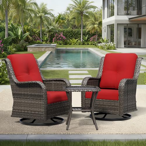 Image of Joyside 3 Piece Wicker Patio Furniture Set, Outdoor Swivel Rocker Patio Chairs with High Back, Deep Seating, Wide Armrest, Thickened Cushions, Outdoor Furniture for Deck, Porch Use