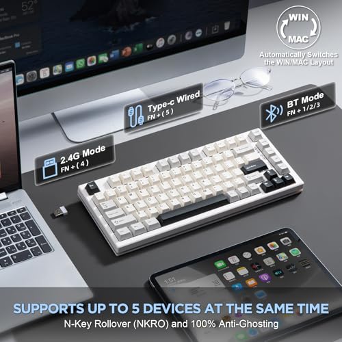 Image of YUNZII YZ75 75% Hot Swappable Wireless Gaming Mechanical Keyboard, RGB Backlights, BT5.0 /2.4G /USB-C, Dye Sub PBT Keycaps for Linux /Win /Mac(Gateron G Pro Red, White)