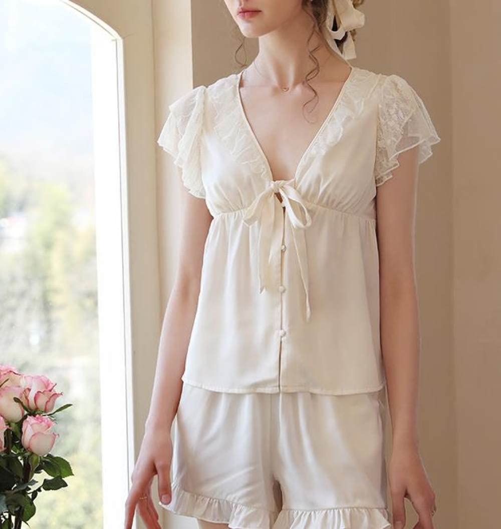 Pigiama Da Donna In Due Pezzi,Vestiti Estivi Da Donna, Set Pigiama Sexy In Seta Di Ghiaccio, Manica Corta Con Scollo A V Grande Albicocca E Pantaloncini Pigiama A Due Pezzi, Regalo Pigiama Per Donna