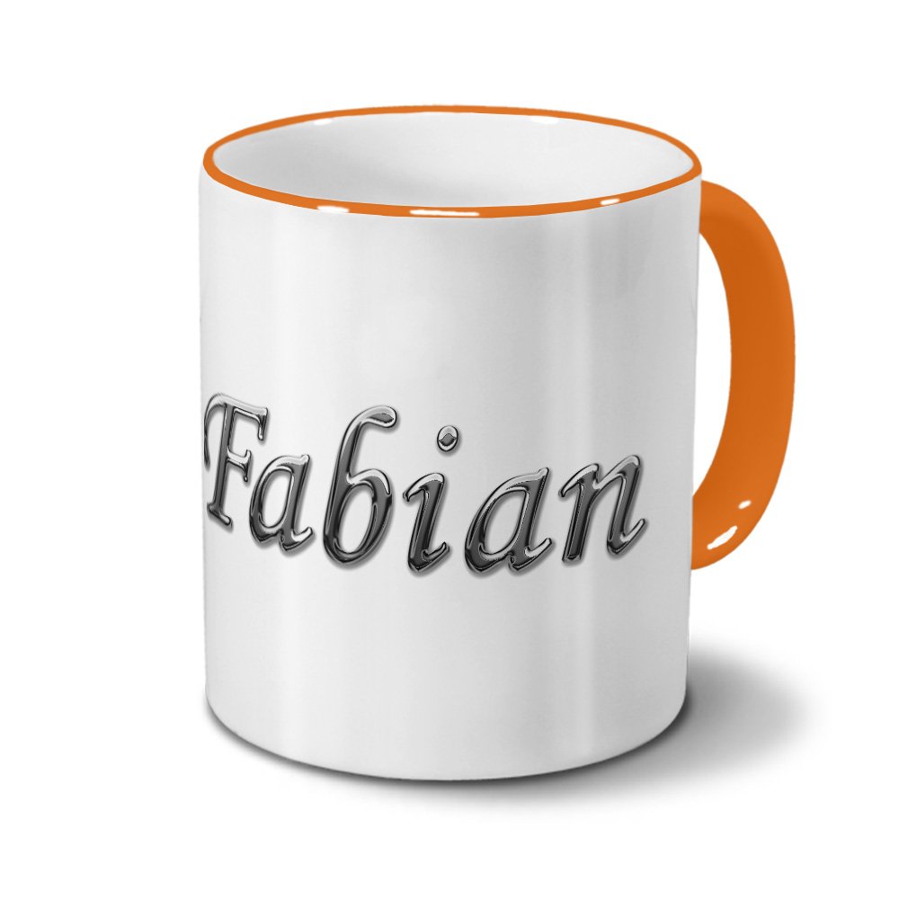 Personalisiert Tasse Mit Namen Fabian – Roter Rand, Chrom-Schriftzug, 325 Ml, Spülmaschinenfest