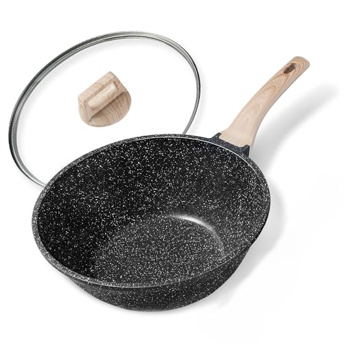 CAROTE Non Stick Wok with Lid 12''/5.3QT Woks & Stir-fry Pans Nonstick Granite Wok Pan Induction Cookware Deep Frying Pan, Compatible with All Stovetops