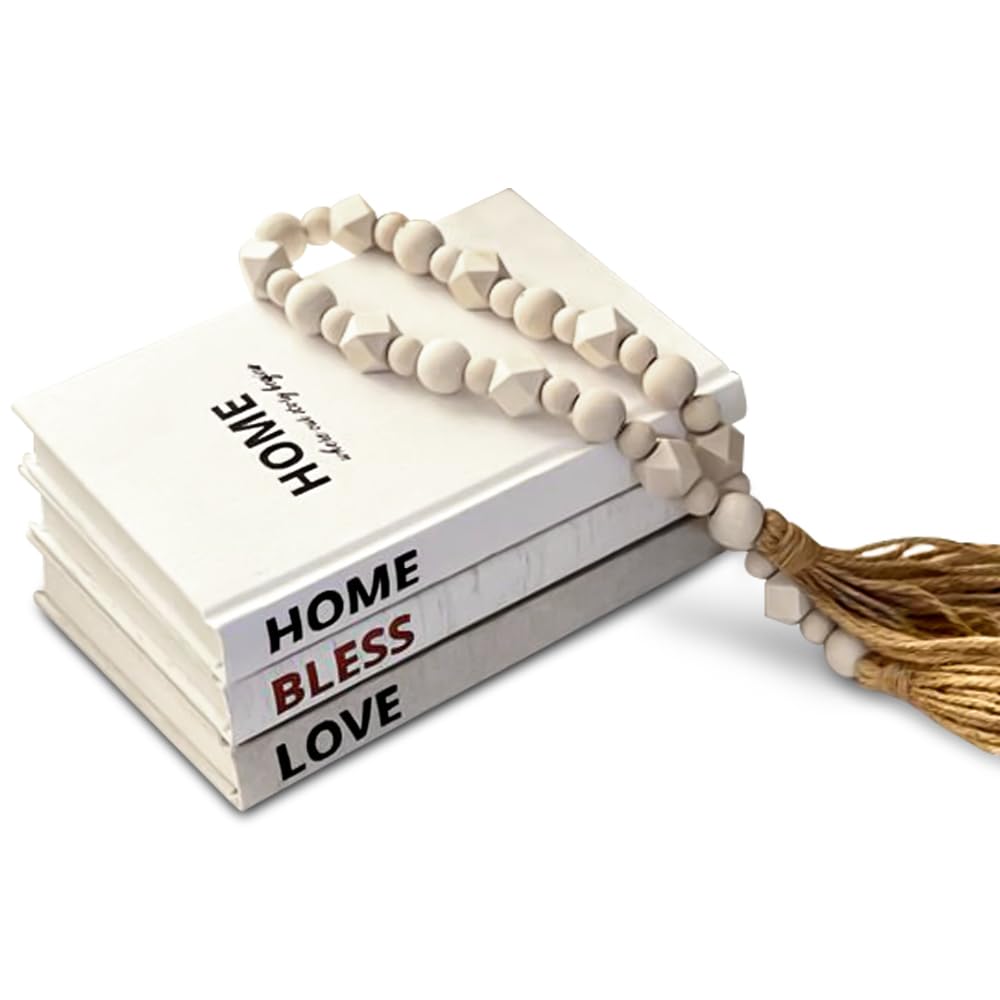 Set of 3 Decorative Linen-Covered Books for Coffee Table & Shelf Decor | Large Hardcover Books with Inspirational Words | Includes Twine, Wooden Beads & Candle | Blank Pages for Custom Use