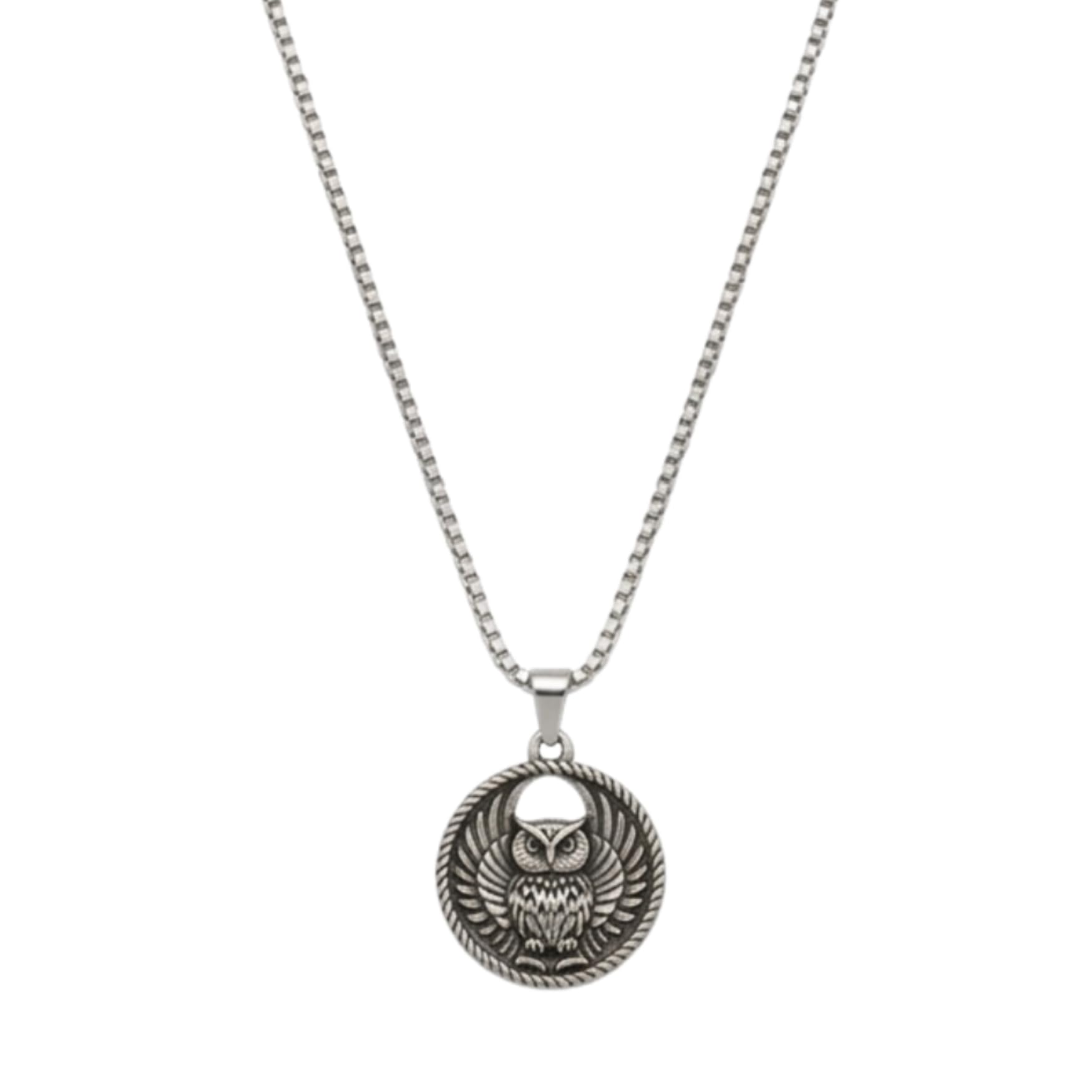 Silver Plated Owl Medallion Pendant Necklace for Men and Women | Stainless Steel Antique Bird Coin Locket with Box Chain | Vintage Animal Protection Fashion Jewellery for Boys & Girls-image-26