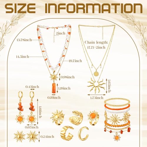 Image of Tondiamo 16 Pcs Gold Sun Jewelry Set for Women Sunburst Earrings Rings Boho Hippie Layer Charm Necklace Summer Beach Bracelets Anklet for Holiday Vacation Accessories