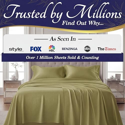 Image of DECOLURE 100% Viscose Derived from Bamboo Sheets King Size - Luxury 4 Pc Naturally Cooling Sheets, Ultra Soft Bed Set - Deep 17 inch Pockets, Durable Double Stitching, Oeko Tex Standard (Light Olive)