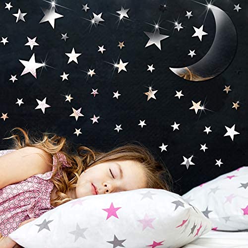 Zonon 61 Pieces Acrylic Star Mirror Wall Stickers Moon Stars Wall Decal Silver Mirror Sticker Decors Removable Star Mirror Stickers For Kids Boy Girls Baby Room Good Night House Nursery Home Bedroom #TOP5