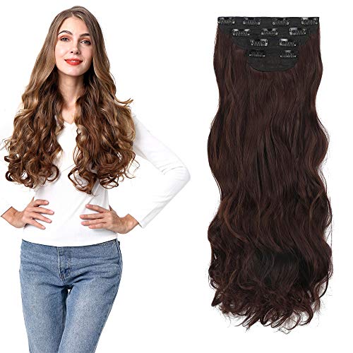 4Pcs Curly Weave Clip in Hair Extensions, Hair Pieces with 11 Clips, 24 inch Wavy Hairpieces for Women Beauty and Fashion- Medium Brown 280g Per Set