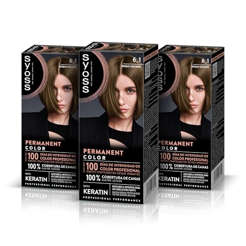 SYOSS Permanent Color 6-1 Rubio Oscuro, tinte de pelo y mascarilla intensiva con keratina, para una cobertura profesional de canas, color duradero y cuidado intensivo, Pack 3