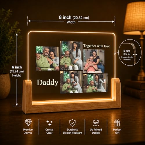 Image of Giftplease Personalized Daddy Together with Love Acrylic LED Photo Frame with Wooden Base | Customized Multi-Photo Lamp for Father's Day, Birthday | Warm Glow Night Light