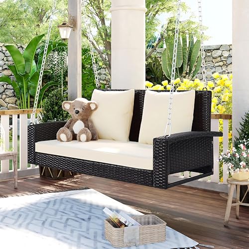 Image of Patio Outdoor Double Seater Swing Chair Without Stand for Balcony, Garden | Weather Resistant Rattan & Wicker Hammock Jhula for Adults | Outdoor Sofa Swing (Brown & Light Cream)
