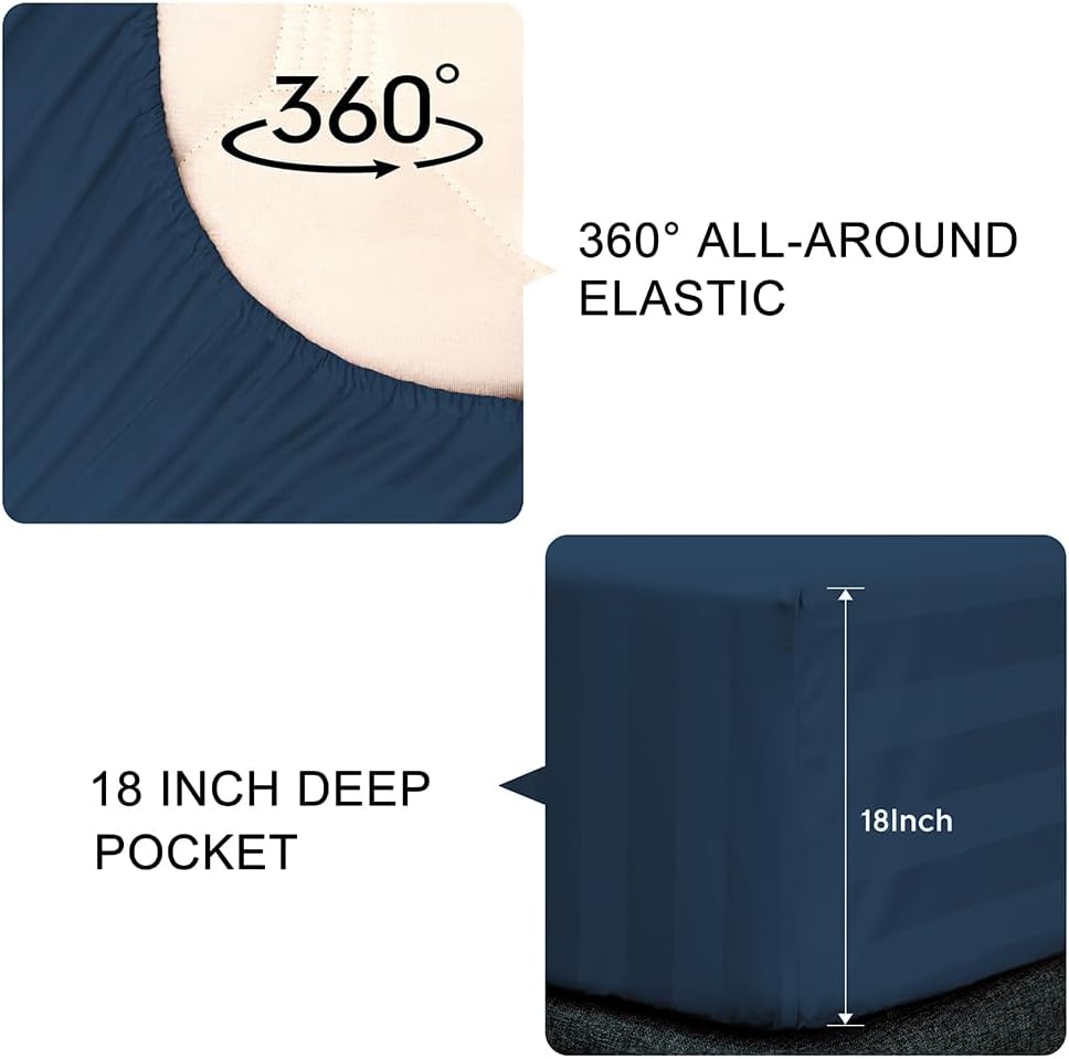 3 Piece Cotton Stripe Fitted Sheet and Pillowcase Set,Including 1 Queen Navy Fitted Sheet & 2 Pillowcase Set,Organic Cotton Deep Pocket Fitted Sheet，NO Flat Sheet Included,Soft and Cooling