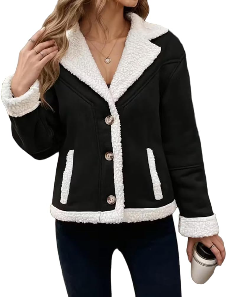 Cropped Faux Suede Jacket Women Fall Winter Fur Leather Peacoat Blazer Fuzzy Fleece Sherpa Lined Jacket Coat