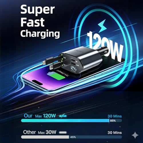 Image of BESTOR 120W 4-in-1 Retractable Car Charger with Dual Fast Charging Cables | USB-C + Lightning | 3A USB Port, 2.4A USB Port | LED Voltage Display | 12V /24V Universal Car Adapter