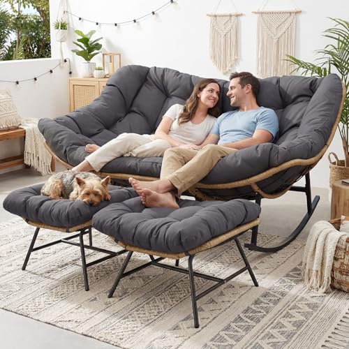 Image of NICESOUL Oversized Double Rocking Papasan Chair with Cushion, 2 Person Big Wicker Outdoor Comfy Recliner, Large Heavy Duty 700 lbs Loveseat for Patio, Balcony, Backyard (Grey, 2 Seats w /Ottoman)