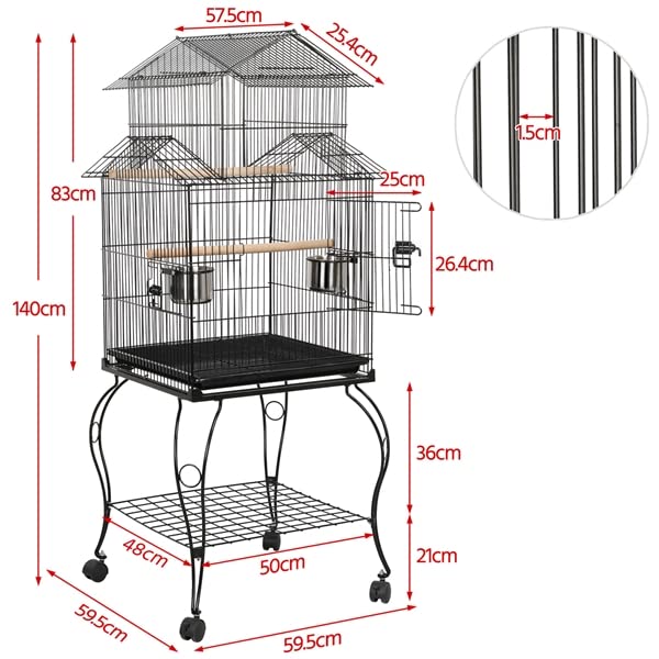 Abician Cage Oiseaux sur Pied avec Toiture Triple-A Cage sur roulettes avec Support Détachable 59 x 59 x 139,5 cm