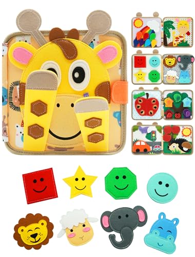 Image of BizyKoady Busy Book for Toddlers 1-3, Montessori Toys for 1 Year Old, Kids Travel Toys, Educational Activity Book, Birthday Gifts for Boys & Girls, Washable Felt Busy Board, Giraffe