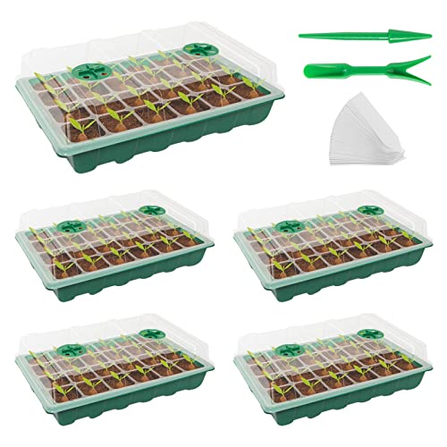 AQUEENLY Seed Starter Tray 5 Pack Seed Starter Kit Seed Trays with Humidity Adjustment Domes and Base Growing Trays Seed Germination Kit 120 Cells Seedling Tray for Seeds Growing (24 Cells per Tray)