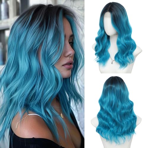 Niceone Hair 18 Inch Wavy Ombre Bluish Green Wig