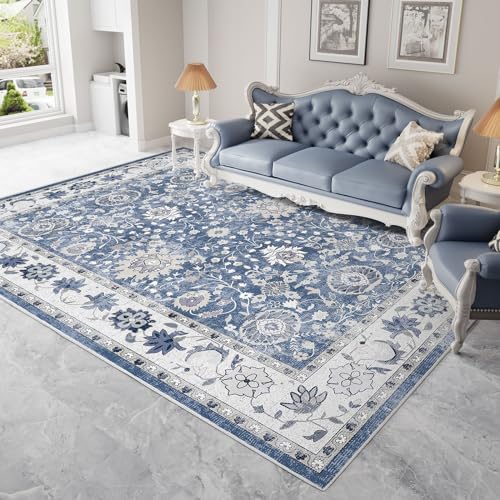 Vamcheer Area Rugs for Living Room – 5’x7’ Washable Area Rug for Bedroom Dining Room Kitchen Indoor Rugs, Soft Machine Washable Vintage Carpet, Blue