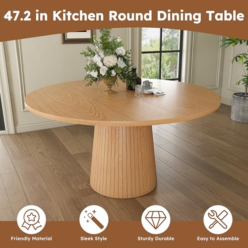 Image of Modern Round Dining Table, 47 inch Round Kitchen Table with Oak Wood Grain Tabletop & Fluted Strip Base, Space Saving Circle Dining Table Seats 4-6, Ideal for Dining Room, Living Room, Small Space