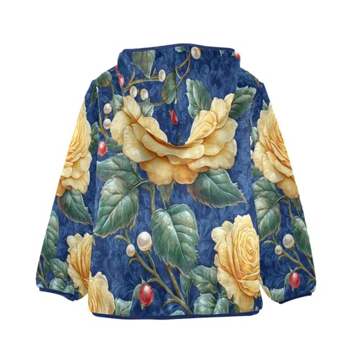 Golden Roses on Blue Toddler Fleece Jacket Girl Boys Hooded Fleece Jacket Coat Warm Outwear Zip-up 3-10T2