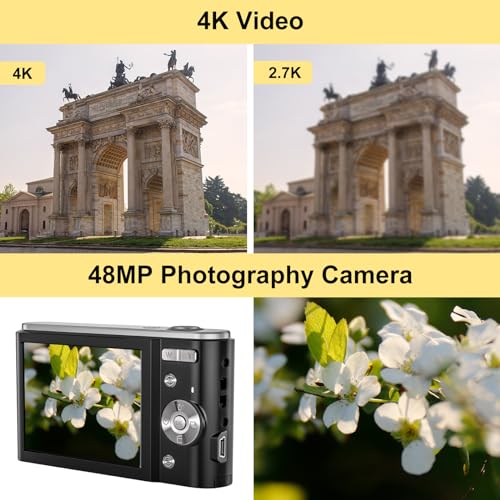4K Digital Camera, 48MP Vlogging Camera for Photography and Video, 16X Digital Zoom, Rechargeable Small Compact Camera for Kids Adult Beginners Birthday Gifts-Black - Image 3