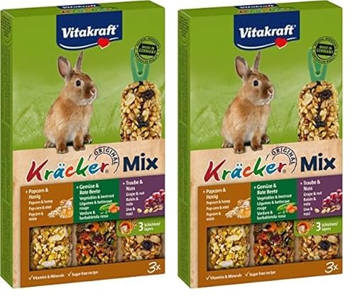 Vitakraft Kräcker - Friandise pour Lapin Nain Assortiment Popcorn et Miel-légumes et Betterave-Raisin et Noix 1x3 (Lot de 2)