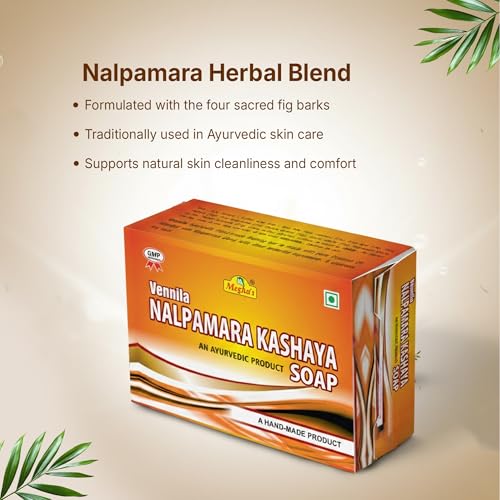 Image of Vennila Nalpamara Kashaya Ayurvedic Handmade Bath Soap with Nalpamara Herbs, Sandalwood, Coconut Oil and Natural Herbal Extracts for Daily Face and Body Cleansing (Pack of 3)