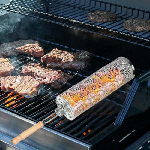 Cilindro per barbecue in acciaio inox, per grigliare verdure, carne, gamberetti, accessori per griglia rotante per cucinare all'aperto, affumicatore e falò