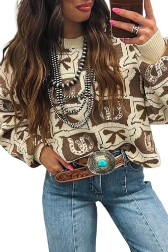 Apvirdy Women's Bows & Horseshoes Pattern Western Sweater Loose Crewneck Drop Shoulder Sweater Ribbed Knit Pullover