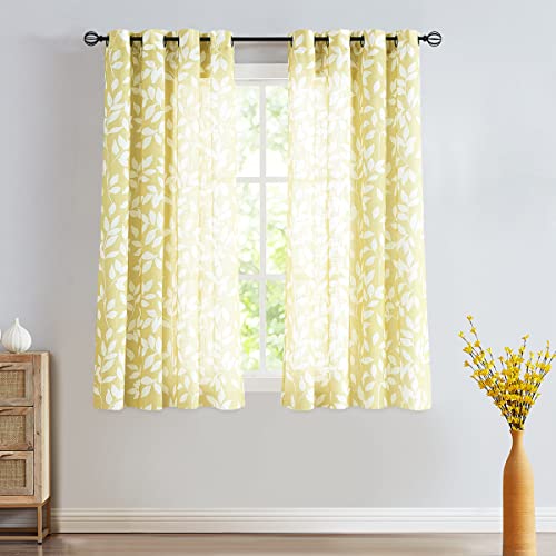 Image of Treatmentex Yellow White Curtains for Living Room 63 inch Length Leaves Print Semi-Sheers Curtains for Kid's Room Windows, Mustard Yellow, Grommet Top, 2 Pack