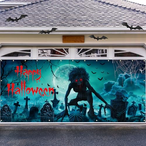 Crenics Halloween Garagentor Banner 7 x 16 Ft, Großer Horror Halloween Garagentor Hintergrund, Kreative Gruselige Halloween Garagentor Abdeckung, Halloween Indoor Outdoor Dekorationen