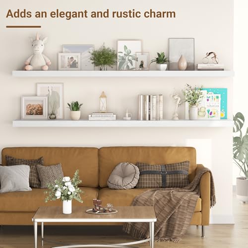 Image of 55 Inch Floating Shelves, 12 Inch Deep Floating Shelves for Wall, Extra Deeper & Thicker Wooden Wall Shelf with Invisible Brackets, Shelf for Bedroom Living Room Home Decor(White, Set of 2)